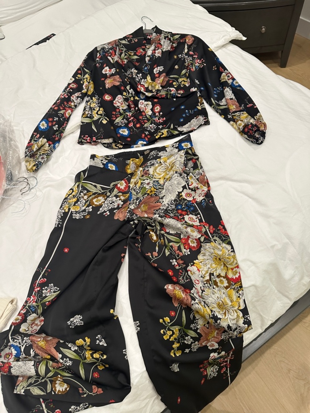 Tahari Black Floral Wide-Leg Pants with Matching Wrap Top